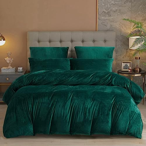 Damier Winter Plüsch Bettwäsche 155x220cm Grün Dunkelgrün Cashmere Touch Warme Bettwäsche Set 3 Teilig - 1 Bettbezug 155 x 220 cm mit Reißverschluss und 2 x Kopfkissenbezug 80 x 80 cm