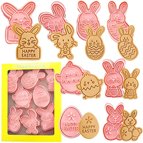 Easter Cookie Cutter Set,8 Pieces Plastic Biscuit Cutters,Happy Easter Eggs,Dancing Chick,Rabbit in Eggshell,Bunny Holding an Egg*3,Rabbit Eats Carrot,Bunny Holding A Happy Easter Sign