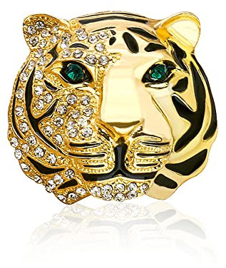 Broche en forme de tête de tigre en strass - Doré et argenté - Pour homme, Métal, Alliage.