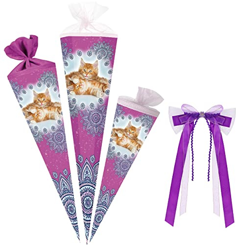 alles-meine.de GmbH Schultüte - süße Katzen 35-85 cm Größe wählbar inkl. Bänder Schleife - Zuckertüte - Tüllabschluß/Filzabschluß - eckig/rund - Mädchen - klein & gro..