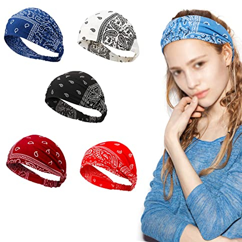 Vintage Paisley Stirnbänder für Frauen - Elastisches Baumwolle Bandana mit Vintage-Print - Breites Haarband für Sport, Yoga & Laufen (5 Stück)