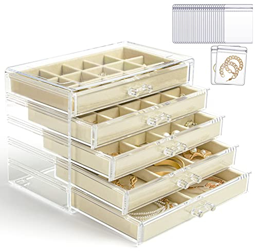 KAMIER Earring Holder Organizer Box with 5 Drawers, Clear Acrylic Jewellery Storage Box for Women, Includes 20 Portable Clear Bags for Earrings, Rings, Bracelets, Necklaces, Beige