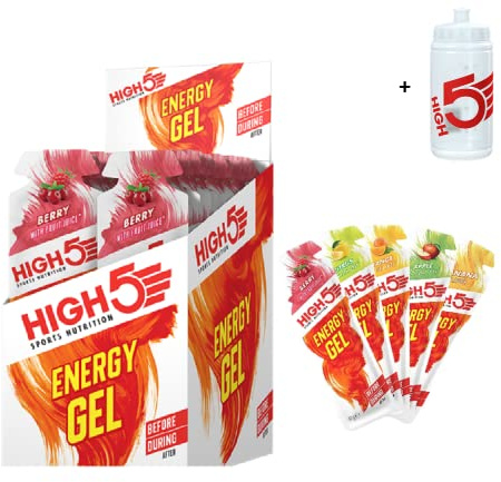 High 5 Energy Gels (20 Pack) Carbohydrate 23g each + Free 500ml Bottle (Citrus)