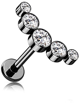 Treuheld® Labret Piercing mit runden Kristallen | Größe: 1.2mm x 6mm | Farbe: schwarz - Kristalle: klar