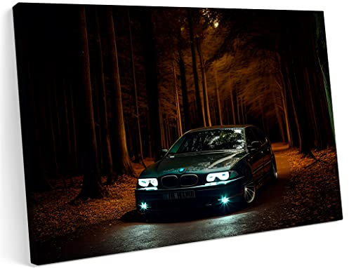 PRINTONIA Bilder Leinwandbild 120x80cm BMW 5er e39 Sportwagen im Wald Neon Tuning