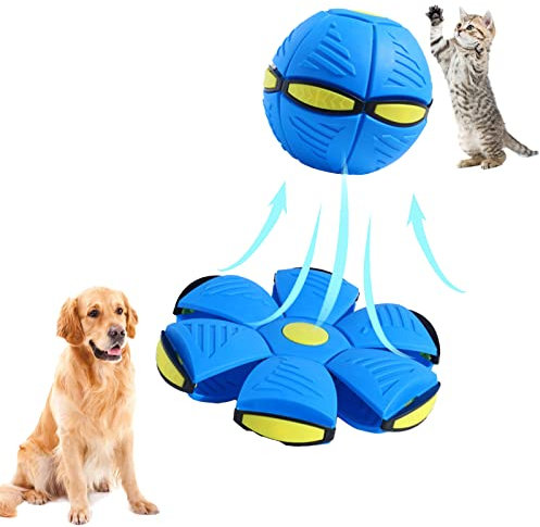 PAIKOE Interactive Dog Ball Toys, Pet UFO Magic Ball, Magic Flying Saucer Ball, Moving Bouncing Ball Pet Puzzle Toy, Funny Deformation Glowing Magic Ball Interactive Toys for Dog Cat (No Light, Blue)