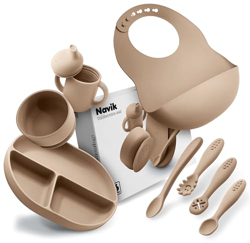 Navik | Juego vajilla bebe de silicona | Incluye plato ventosa bebe dividido | vaso aprendizaje bebe | cuchara bebe | cuenco bebe ventosa | +6 meses | beige