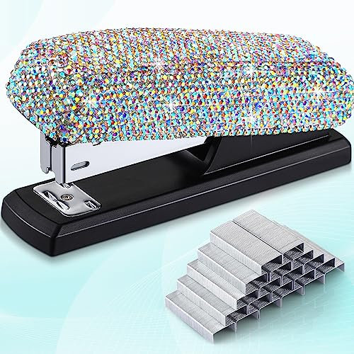 Bling Crystal Stapler Gift Sparkly Diamond Stapler for Desk Handmade Clay Rhinestone Machine Cute Stapler Pretty Office Stationery Kit Stylish Accessory for Girl Women Lady Christmas (AB Color)