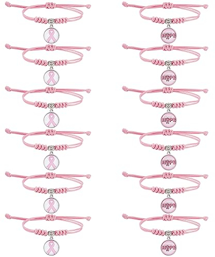 nbeads 12 Pcs 2 Styles Bracelets Tressés Ruban Rose, Bracelet à Breloques en Verre de Sensibilisation au Cancer du Sein Bracelet Réglable pour Sensibilisation au Cancer du Sein Accessoires Cadeaux