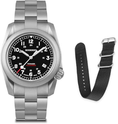BODERRY Montre militaire automatique en titane pour homme 40 mm Fonction jour Date Étanche jusqu'à 100 m Bracelet en titane Mouvement mécanique japonais et couronne vissée, noir, Sports de plein air
