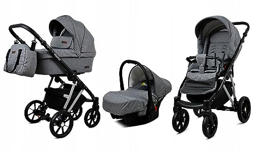 BabyLux® Bambimo Kinderwagen Set 3 in 1 - Marlux Magnetic - incl. Babywanne, Buggy Sportsitz, Auto-Babyschale - Autositz - Kinderwagenset - Kombikinderwagen mit Wickeltasche, Regenschutz usw.