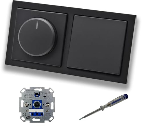 REV Ritter LED Drehdimmer Dimmer + Busch Jäger Dimmerscheibe 6540-885-102 und Lichttaster 2020 US in Future Linear schwarz matt inklusive EBROM Phasenprüfer zur Montage der Geräte ET1 66012B