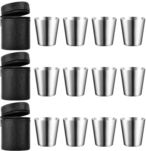 RAINPOP 12 Stück 30ml Schnapsgläser Edelstahl, Flachmann Becher, Schnapsglas mit Leder-Tasche, Wiederverwendbare Schnapsbecher Partys, Shotgläser Metall Becher für Hochzeitsfeiern Karneval