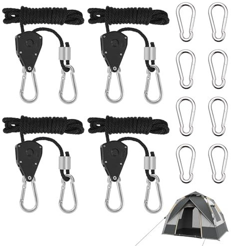 TAIHOBO Retractable Ratchet Straps with 8 Carabiner, 4PCS 2.4m Guy Ropes with A Load-bearing Capacity of 68kg, 1/8in Retractable Ratchet Strap, Adjustable Ratchet Ropes Hanger