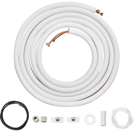 VEVOR Ensemble lignes divisées pour climatiseur, 7,6 m, tubes en cuivre CVC 6,4 mm 9,5 mm diamètre, isolation triple couche avec câble de connexion pour équipement de climatisation, de pompe à chaleur