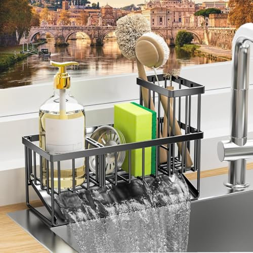 Porte Eponge Evier Cuisine, Organisateur d'évier en Acier Inoxydable avec bac d'écoulement Automatique,Rangement Eponge Evier Cuisine,Accessoires pour Cuisine, Noir