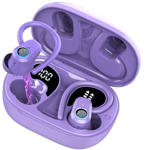 OYIB Bluetooth Kopfhörer Sport, Kopfhörer Kabellos Bluetooth 5.4 In Ear Kopfhörer mit CVC8.0 Mic, 50Std Immersiver HiFi Stereo Ohrhörer, LED-Anzeige, IP7 Wasserdicht Earbuds mit Ohrhaken/Taro Lila