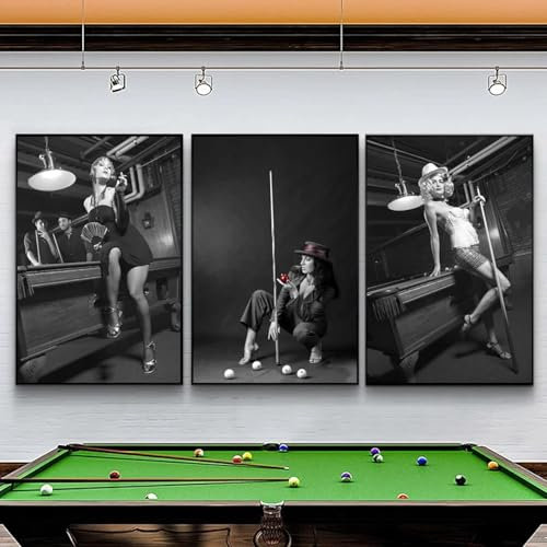 Vintage Schwarz-Weiß-Billard-Poster, sexy Mädchen, dekorative Gemälde, Drucke, Leinwand, Wandkunst, Bilder, Zimmer, Bar, Dekor, 80 x 120 x 3 cm, rahmenlos