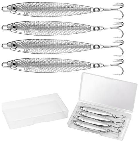 Annyswit 4 Stück Metall Meerforellen Köder mit Drillingshaken Silber Minnow Löffel Köder 20/30/40/60g Hecht Meerfischen Ausrüstung Metall Jigs für Makrele & Kabeljau & Barsch & Meer (30g*4)