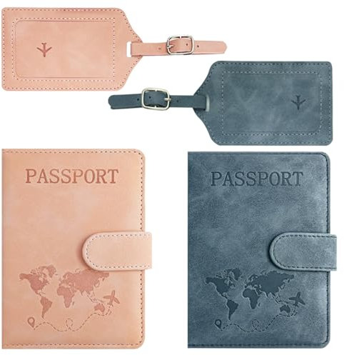 TYXHXTF 2 Pezzi Custodia Passaporto + Etichetta per Bagagli in pelle PU, Porta Passaporto, Adatto per Carte D'Identità, Carte di Credito e Documenti di Viaggio (Rosa+Grigio Scuro)