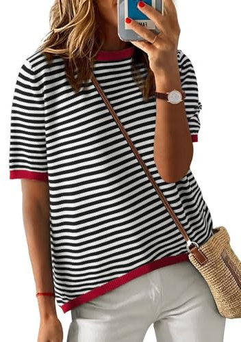UMIPUBO Women's T-Shirt Short Sleeves Ladies Summer Tops Crewneck Striped Color Block Blouse Casual Loose Knitted Pullover Tee Shirts (Black, M)