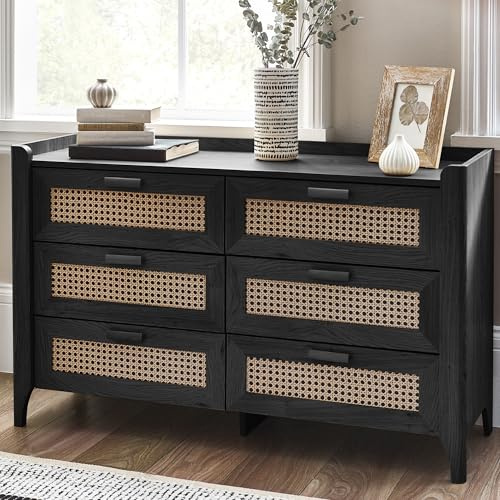 Julian Bowen Sydney Chest of Drawers, 6 Drawer, Black - H75 x W120 x D41cm | Faux Rattan Effect Sticker Front, Boho Drawer Storage Organiser, 6 Drawers, Dresser for Bedroom, Living Room & Hallway