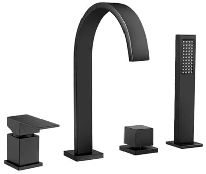 Mitigeur Bord de Baignoire 4 Trous Robinet de Douche Cascade Noir Robinet Melangeur Salle de Bain Douche