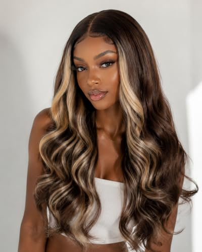 Joedir Wear and Go Glueless Perücke – Vorgeschnittene Spitze, ohne Kleber, Body Wave, 66 cm, Synthetik-Lace-Front mit Mittelscheitel für Damen (tragfertig)