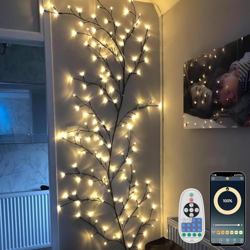 Smart Home Decor Twig Lights: 2.3M 144 LED Willow Vine Twig Wall Lights with App & Remote Control, Music Sync - DIY Dimmable Timmer Willow Rree Light Decorations for Bedroom Wall Christmas- Warm White