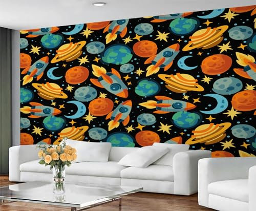 YEMYOR Colorful Space Planet Murals Wallpaper Cartoon Space Planet Murals Outer Spaceship Galaxy Wall Paintings DIY Bedroom Mural for Living Room Bedroom-300x210cm