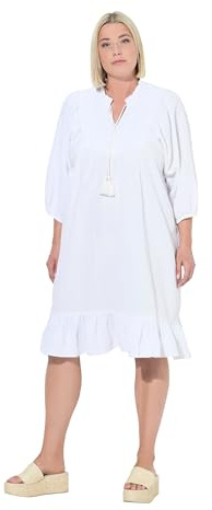 Ulla Popken Damen große Größen Übergrößen Plus Size Musselin-Kleid, Stickerei, Tunika-Ausschnitt, 3/4-Arm schneeweiß 50+ 838403200-50+