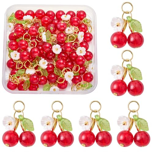 LEGENTLISUR Cherry Charms for Jewelry Making Fruit Charms Pendants with Acrylic Leaf for DIY Bracelet Necklace Earring Accessories