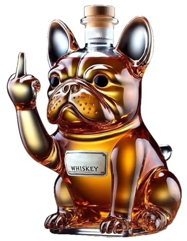 French Bulldog Whiskey Decanter, Glass Dog Shaped Liquor Bottle with Cork, Decorative Amber Crystal Container