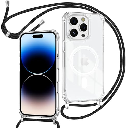 ZYIMOU Coque pour iPhone 14 Pro avec Cordon Compatible avec MagSafe, Housse Magnétique Transparente Étui avec Collier Réglable Résistant Silicone Case, Chaîne Noir