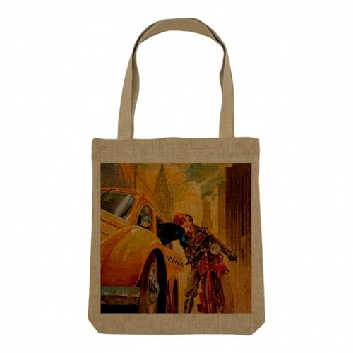 Sac Shopping Tote Bag Aspect Lin - New York Manhattan Affiche Poster Vintage Voyage Art Deco 30's - Sac de Courses Toile Epaisse 360g Beige Naturel Cabas Porté Epaule Solide Imprimé en France