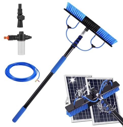 Brosse de nettoyage pour panneau solaire | Barre d'alimentation en eau extensible | Brosse de panneau solaire télescopique de 5 m avec long manche et tuyau d'eau de 10 m | Pour toit, jardin, extérieur