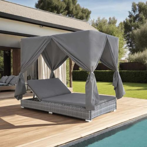 Frdhee Liegen Für Sauna Ruheraum, Outdoor-Lounge-Bett mit Vorhängen Poly Rattan Grau Strandstuhl für Garten, Terrasse, Balkon
