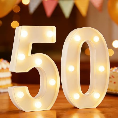 LED Light Up Numbers: 8.86 Inch Marquee Number - warm white - Her Him | Sturdy & light - table/wall mount - LED Number Lights for 50th Birthday Decorations - wedding - anniversary parties(50)