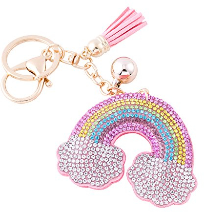 Soleebee Leder Süße Rosa Keychain Bling Kristallstrass Taschen Koffer Rucksäcke Zubehör Charm Auto Schlüsselanhänger Schlüsselring mit Quasten für Damen (Regenbogen)