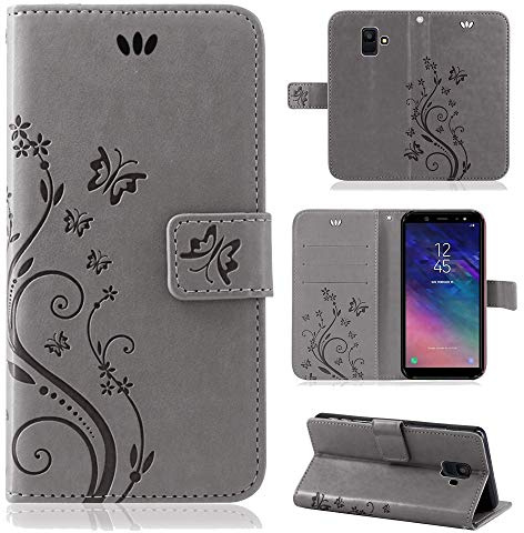 Hülle Kompatibel mit Samsung Galaxy A6 (2018) | Premium PU Leder Handyhülle Wallet Case für Galaxy A6 (2018) | Schutzhülle Blumen Klapphülle Handyhülle | Grau