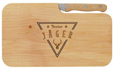 LASERHELD | Brotzeitbrett Holz mit Gravur “Bester Jäger” & Messer | 26 x 15 cm | Frühstücksbrettchen Holz Schneidebrett Jausenbrett | Geschenk für Jäger zum Vatertag Vatertagsgeschenk
