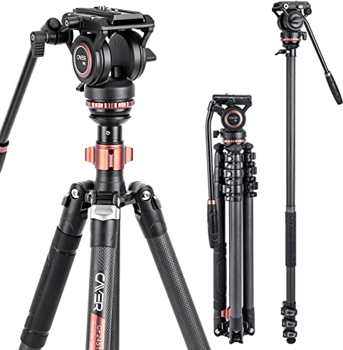 Cayer CF2451 Treppiede video in fibra di carbonio da 67 pollici con testina di trascinamento fluido, treppiede DSLR compatto a 4 sezioni convertibile in monopiede, per fotocamera DSLR Canon Nikon Sony