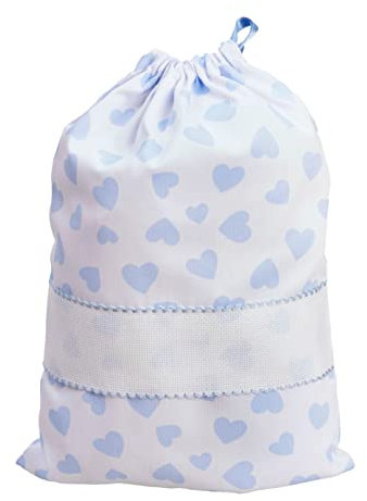 FILET - Sacchetto Porta Corredino con Chiusura a Coulisse da Ricamare, Realizzato in Cotone Piquet Millerighe Stampato, Made in Italy, Fantasia Cuori Cielo