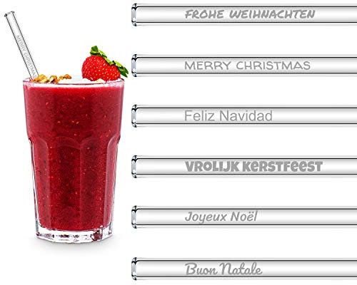 HALM Pailles en verre - Édition vœux de Noël avec gravure - 6 unités droites 20 cm - Pailles à boire en verre réutilisables - brosse de nettoyage sans plastique incluse - Paillettes en verre