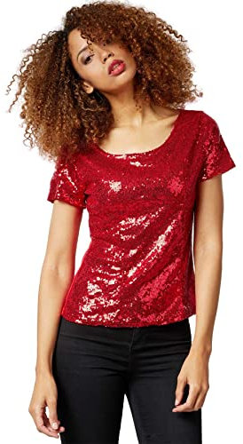 dressforfun 901013 Damen Pailletten Top, Glitzer Kurzarm Oberteil, rot - Diverse Größen - (XL)
