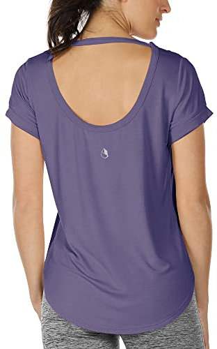 icyzone Damen Yoga T-Shirt Rückenfrei Sport Freizeit Tops Kurzarm Oberteile Loose Casual V-Ausschnitt Shirt (M, Lila)