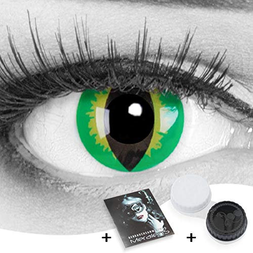 Farbige grüne Crazy Fun Katzen Kontaktlinsen 'Green Dragon' Mit Stärke mit Gratis Linsenbehälter - Topqualität zu Karneval, Fasching und Halloween (-2.50 Dioptrien)