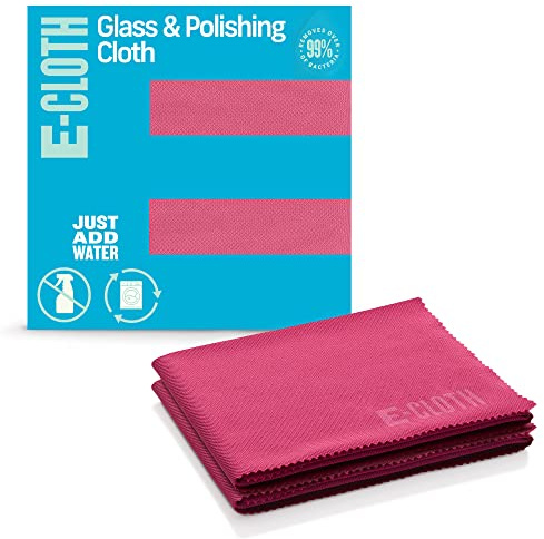 E-Cloth Glass & Polishing Cloth, Sustainable Microfibre Cleaning Cloth Set, Perfect Cleaner for Glass, Windows and Mirrors, Washable and Reusable, 100 Wash Promise, Raspberry Rose, 2 Pack