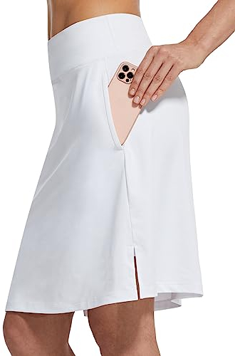 baleaf Damen Tennisrock Knielang Sportrock hoher Taille Golfrock Outdoorrock mit Tasche Weiß M