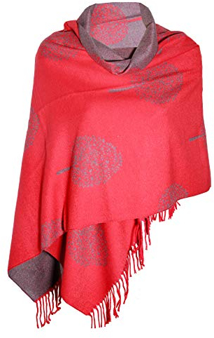 TIBET Maulbeerbaum-Schal, superweich, rot/grau, schöne Quaste, wendbar, weicher und warmer Schal, rot, Einheitsgröße (200 cm x 65 cm), 150 Gramm, Kaschmir/100%
